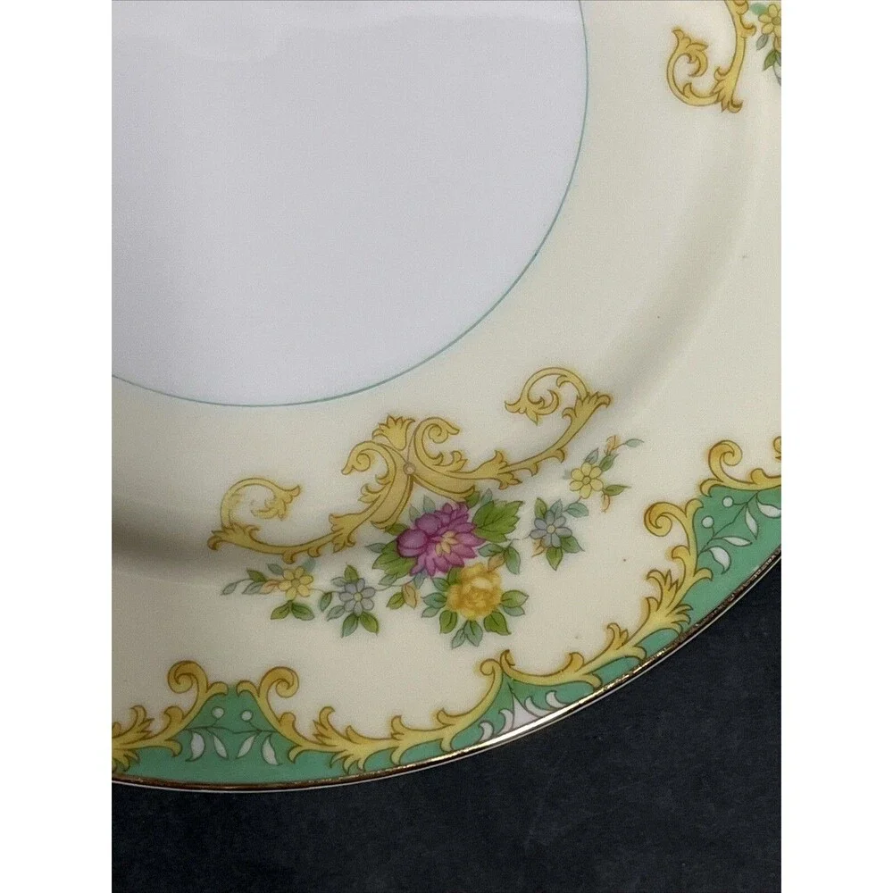 1930s Noritake Tiffany M Dessert Plates 7.5” Gold Trim Ivory Aqua Beige 2 PC HTF